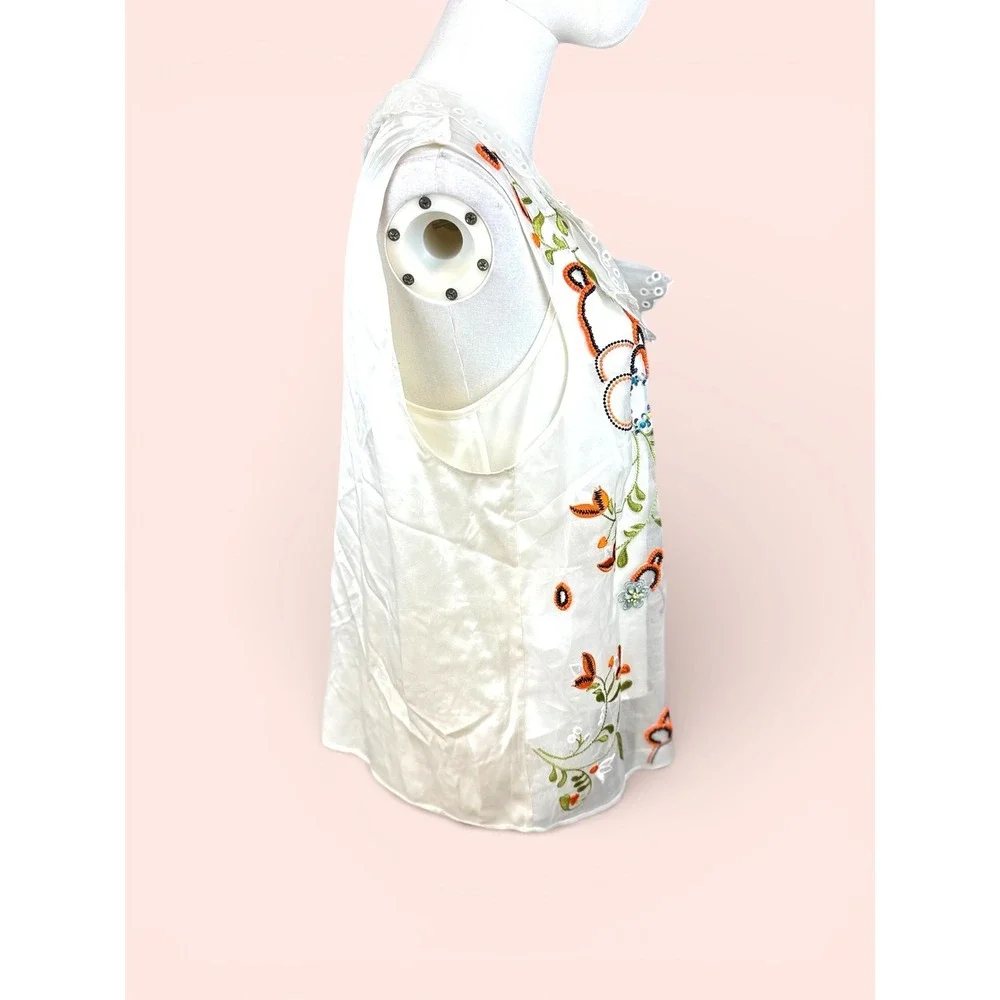 Tory Burch SZ 12 Floral‎ Embroidered Beaded Silk Top Lace Peter Pan Collar Ivory